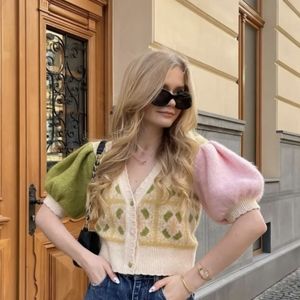 ZARA KNIT JACQUARD CARDIGAN SHORT PUFF SLEEVES PINK YELLOW S,M,L